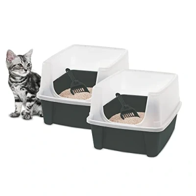 Afbeelding van Iris Ohyama CLH 12 Kattenbak met schep, 2 stuks, blauw, eenvoudige reiniging, toilethuis, afneembare randen, voor volwassen katten, kittens, konijnen, BPA vrij, opening boven