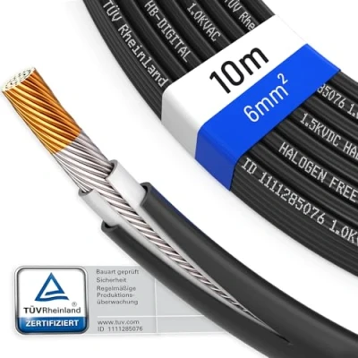 Afbeelding van hb digital Zonnekabel 6 mm² voor zonnepanelen van zuiver koper, zonnekabel, enkele kabel, flexibel, dubbellaags, speciale isolatie, 1500 V, zwart