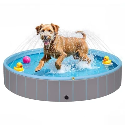 Afbeelding van EUGAD Zwembad voor honden en katten met waterstraal, draagbaar plooibadje, hondenzwembad van pvc, snelle afvoer aan de zijkant, lichtblauw, 80 x 20 cm