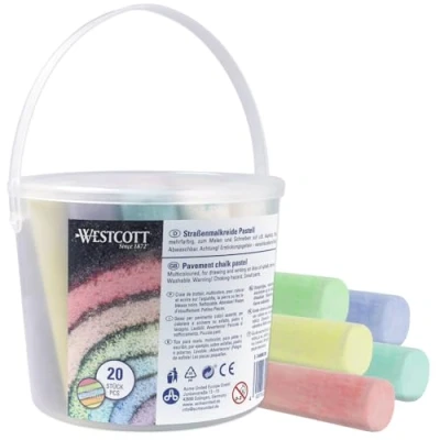 Afbeelding van Westcott E 744985 00 set van 20 kleurrijke stoepkrijt voor kinderen in praktische transportemmer gemakkelijk te wassen geschikt asfalt, schoolbord of steen
