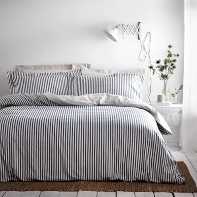 Afbeelding van The Linen Yard Linge Le Hebden Dekbedovertrekset, omkeerbaar, gestreept design, 2 x kussenslopen, machinewasbaar, 200 cm, katoen, blauw/grijs/natuur, dubbel