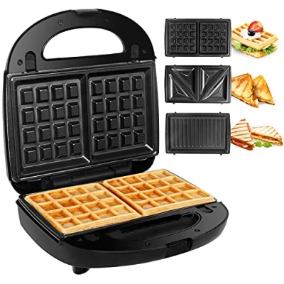 Afbeelding van Gotoll Sandwichmaker 3 in 1, wafelijzer, sandwichtoaster, grill wisselplaten, sandwichmaker, afneembare platen, 750 W, bedrijfsmonster, zwart