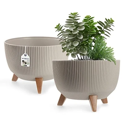 Afbeelding van KADAX Ronde bloempot van kunststof met drie steekhouders, voor balkon, woonkamer (Ø 33 cm, taupe)