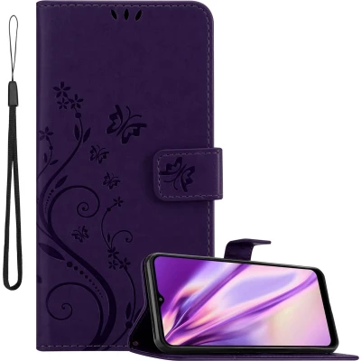 Afbeelding van Cadorabo Hoesje geschikt voor Samsung Galaxy A22 5G in BLOEMEN DONKER PAARS Beschermhoes bloemmotief met magnetische sluiting, standfunctie en kaartsleuven Book Case Cover Etui