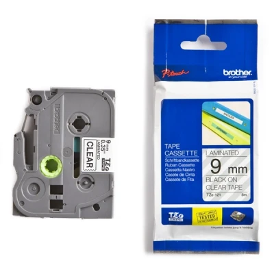 Image de Brother TZe 121 Adhésif standard noir sur transparent Rouleau (0,9 cm x 8 m) 1 cassette(s) ruban laminé pour PT D210, D600, H110; P Touch 1005, 1880, E310, E800; Cube Plus P710