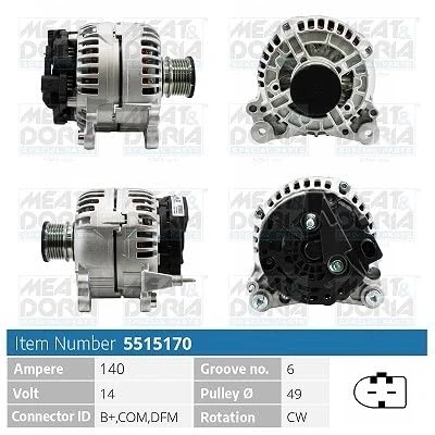 Afbeelding van MEAT &amp; DORIA 5515170 Dynamo / Alternator 14V 140A VOLKSWAGEN: Golf 7, Tiguan I, Crafter 30 50 Van, AUDI: A4 B8 Saloon, A3 Sportback, Q5, SKODA: Kodiaq