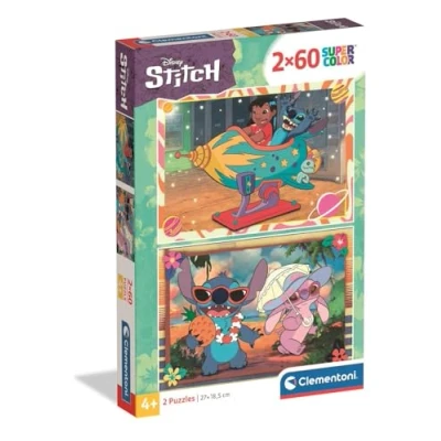 Afbeelding van Clementoni Supercolor Disney Stitch Kinderpuzzel 2x60 Stukjes 2 Puzzels  Kinderen 4+ jaar