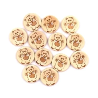 Afbeelding van 12 stuks prachtige houten knopen, 20 mm, natuurlijke ronde knopen met pluche patroon, 2 gaten om te naaien, voor knutselen, scrapbooking, kinderkleding, jassen, hoeden, rompertjes