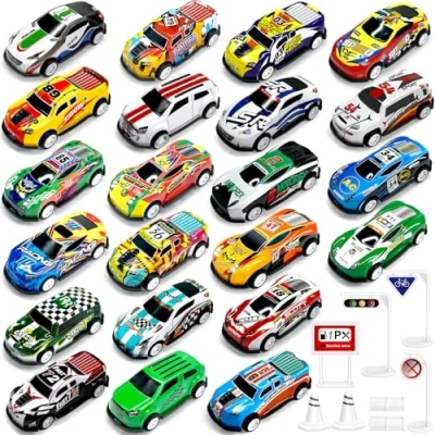 Afbeelding van TOYABI Kinderauto, 22 terugtrekkingsauto&#039;s met 8 wegversperring, 1:64 kleine klassieke raceauto, afgeschermd, van metaal