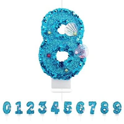 Afbeelding van Verjaardagskaarsen nummer 8,3D blauwe kaars cijfer 8, zeemeermin decoratie voor verjaardagstaart, taarttopper, decoratie, kinderen, volwassenen
