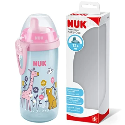 Image de NUK Kiddy Cup Gobelet pour tout petits à partir de 12 mois, 300 ml, bec renforcé anti fuite, clip et capuchon protection, sans BPA, rose