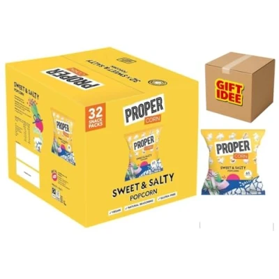Afbeelding van Proper Corn 32 stuks zoete en hartige popcorn 14 g, doos van Natuurlijke kruiden met zeezout rietsuiker, vegetarisch, glutenvrij, handpopcorn, 65 kcal Gift Idee