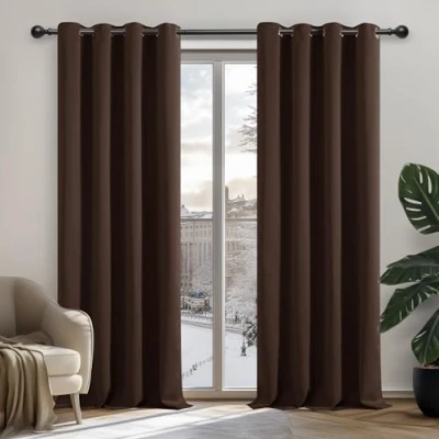 Afbeelding van Deconovo Thermisch geïsoleerde verduisteringsgordijnen, modern design met oogjes, voor jongensslaapkamer, 140 x 180 cm (b h), bruin, 2 stuks