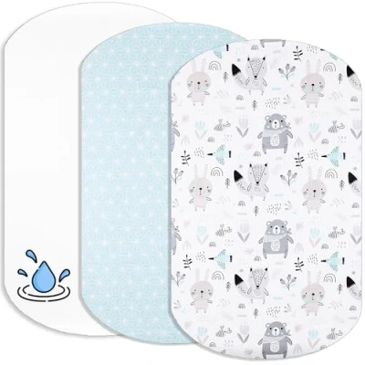 Afbeelding van Lovely Hippo Cododo Hoeslaken + 1 matrasbeschermer, compatibel met Iora hoeslaken, 100% katoen, matrasbeschermer waterdicht (blauwe dieren, 60 x 80 cm)