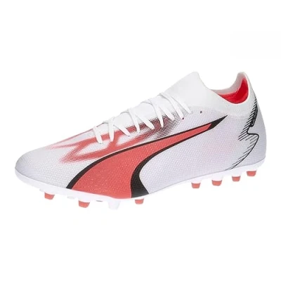Afbeelding van Puma Ultra Match MG Voetbalschoenen met kunststof noppen, Heren, Maat: 45, White/black/fire orchid Kunststof/ textiel