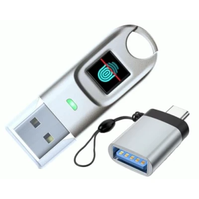 Afbeelding van FIDO2 USB stick en ChipNet ID BioPass digitaal certificaat. Hoge beveiliging beschermd door vingerafdruk. Spaans bedrijf met persoonlijke ondersteuning, metallic zilver