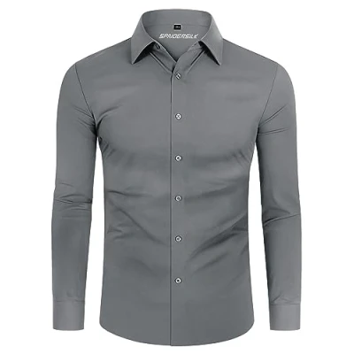 Afbeelding van DEMEANOR Stretch overhemd met lange mouwen voor heren, slim fit, businesshemd kreukvrij, zilver.