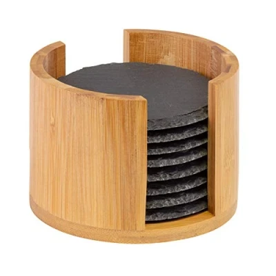 Afbeelding van Westmark 69212260 onderzetters, set van 8, rond, leisteen, natuur, met krasbescherming, Ø 10 cm, leisteen/bamboe, tapas + vrienden, antraciet/lichtbruin