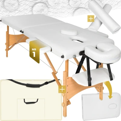 Afbeelding van tectake® 2 zones massagetafel behandeltafel set met 5cm matras, rolkussens en houten frame incl. draagtas wit behandelbank opbergtas opvouwbaar