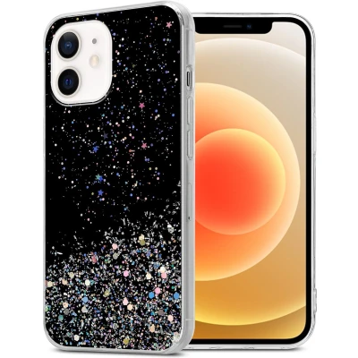 Afbeelding van Cadorabo Hoesje geschikt voor Apple iPhone 12 MINI in Zwart met Glitter Beschermhoes van flexibel TPU silicone fonkelende glitters Case Cover Etui