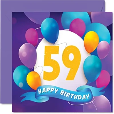 Afbeelding van verjaardagskaart voor dames en heren, ballonfeest, 59 jaar, mannen, vrouwen, mama, papa, tante oom, oma, broer, zus, 145 mm x