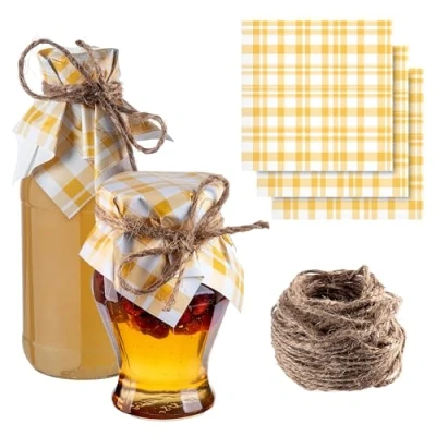 Afbeelding van KADAX 50 stuks jute koord decoratieve placemats voor jampotten, papieren deksels (geel ruitjes)