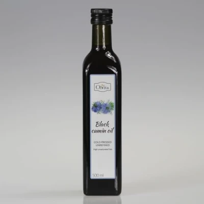 Afbeelding van Zwarte komijnolie, zaadolie (Nigella Sativa), ruw, koudgeperst, Ol&#039;Vita 500 ml