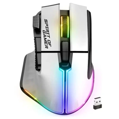 Image de Spirit Of Gamer Pro M5, Souris sans Fil RGB pour PC, 8 Boutons Programmables Dont 1 Rapid Fire, Connexion Bluetooth &amp; 2,4 GHz, Autonomie Longue Durée 90h, Gaming Mouse Ergonomique, Blanc
