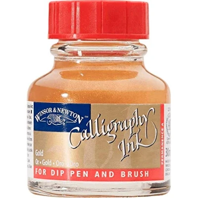 Afbeelding van Winsor &amp; Newton 1110283 Kalligrafie inkt voor vulpennen of kroontjespennen, onderling mengbaar, lichtecht met goede vloei eigenschappen 30ml FLes, Gold