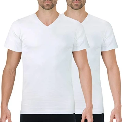 Image de Athena Lot de 2 T shirts Homme Ecopack Col V 100% Coton Label OEKO TEX® Maillots Corps Sans Couture Côté, Manches Courtes Blanc, 4 (L)