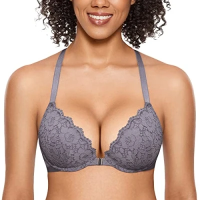 Afbeelding van DOBREVA Damesbeha, push up, racerback, sluiting aan de voorkant, kant, bekleding met beugel, Grijs ijzer
