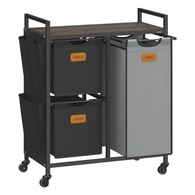 Afbeelding van VASAGLE Wasmand, 3 vakken, mand 100 l, bak, wielen, trolley met planken, tas, zijvakken, 6 etiketten, kastanjebruin, inktzwart en duifsteengrijs BLH202B01