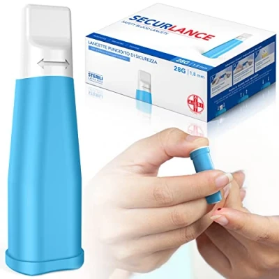 Afbeelding van AIESI® Steriele wegwerplancetten met veiligheidssysteem en intrekbaar roestvrijstalen opzetstuk, naald 28 g, DOCTOR SECURLANCE (verpakking van 100 stuks)