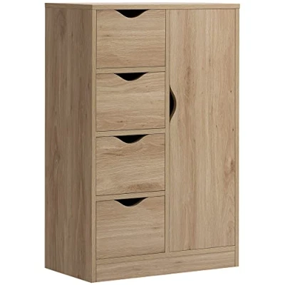 Afbeelding van HOMCOM Dressoir opbergkast, modern, 1 kast en 4 laden, spaanplaat, voor woonkamer, keuken, entree, eetkamer, naturel