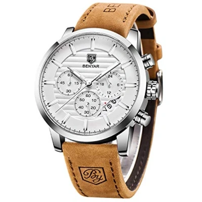 Afbeelding van Benyar Herenhorloge, chronograaf, kwarts, waterdicht, bruin leer, Bruin, zilver, wit, Klassiek