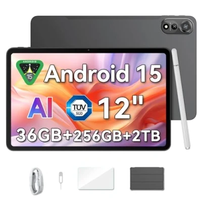 Afbeelding van Blackview Mega2 12 inch tablet, Android 15 tablet met 36 GB RAM + 256 ROM (2 TB TF), groot display 2K FHD WideVine L1, Dual 4G LTE 5G WiFi, Octa Core T615 batterij, 9000 mAh, dubbele camera