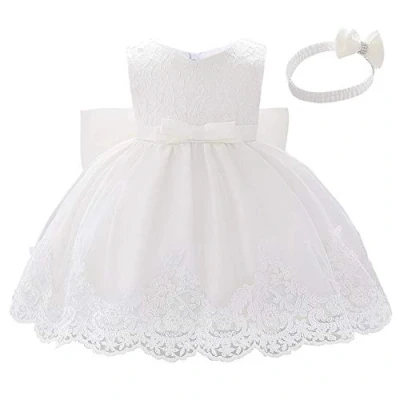 Afbeelding van Lito Angels Bruidsmeisjesjurk met hoofdband voor baby&#039;s, meisjes, kanten jurk ceremonie, bruiloft, maat 3 18 maanden, 426, Wit.
