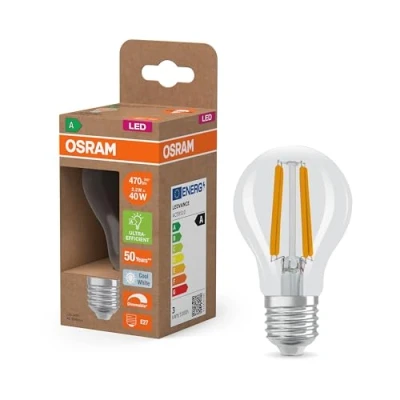 Afbeelding van OSRAM Energieklasse in de vorm van een gloeilamp, 2,2 W/470 lm, EEK A, koud wit licht (4000 K), CRI 80, loodvrij matglas, E27 fitting, IP20, diameter 60 mm, dimbaar.