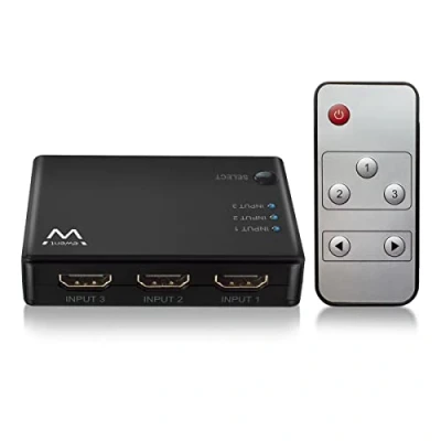 Afbeelding van Ewent EW3730 4K HDMI Switch 3 poorts, toont bronnen op een monitor