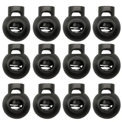 Afbeelding van 12 stuks koordstop, kunststof ronde tuimelstop, elastische koordversteller met één gat, voor trekkoord, rugzak, veters bevestigen, zwart.