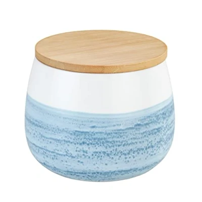 Afbeelding van Opbergdoos Mala 0,7 l van hoogwaardig wit keramiek met blauwe aquareldecoratie, deksel FSC gecertificeerd bamboe siliconen ring voor luchtdichte opslag Ø 13 x 10,5 cm