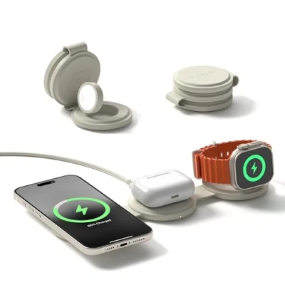 Afbeelding van SATECHI OntheGo™ 3 in 1 inductielader, opvouwbaar, Qi2 snellaadstation 15 W voor iPhone, 5 Apple Watch en AirPods, magnetische draadloze oplader, ideaal op reis, beige