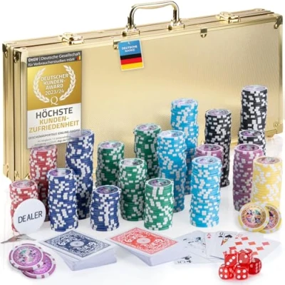 Afbeelding van Profi Pokerset pokerkoffer, inclusief 300 500 hoogwaardige pokerchips; pokerdeck, kaartspel, pokerkaarten, dobbelstenen, dealer knop; casino thuis (goud, chips)