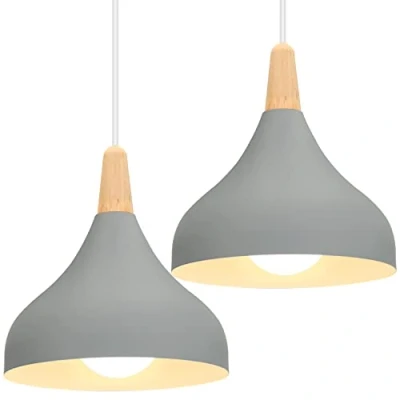 Afbeelding van iDEGU Retro hanglampen, modern, druppelstijl, kap, plafondlamp, E27, metaal, hanglamp, voor slaapkamer, eetkamer of keuken, diameter 20 cm, 2 stuks, grijs