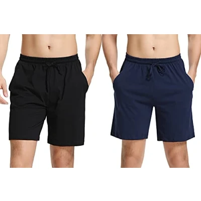 Afbeelding van Aseniza Herenpyjamabroek van katoen, casual shorts, pyjama shorts voor heren, zomerpyjamabroek, A zwart en blauw