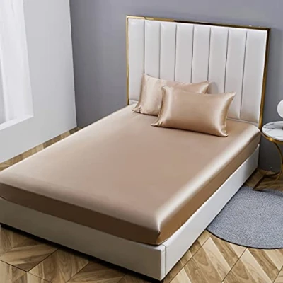 Afbeelding van Damier Hoeslaken 200 x cm, beige zijdemat en zijdeglans, premium kwaliteit, effen, geschikt voor matrassen tot 30 cm