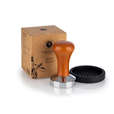 Afbeelding van Buddy&#039;s Bar Barista Edition hoogwaardige stempel bodemdiameter 53 mm hoogte 9 cm van roestvrij staal espresso voor filterhouder koffiepad met siliconenmat houten handvat