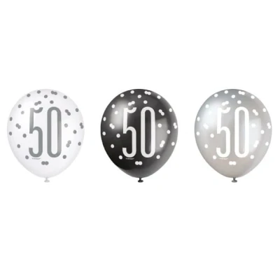 Afbeelding van Ballonnen 50 jaar Glitz Zwart Zilver 6 stuks