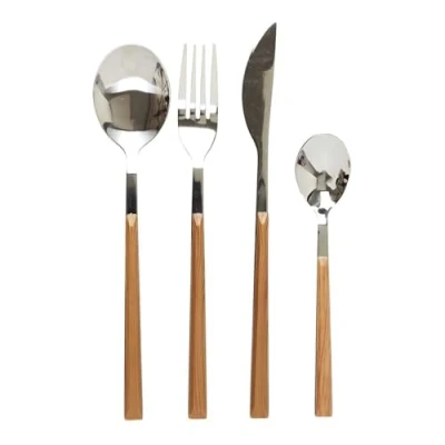 Afbeelding van HOME DECO FACTORY, KA5991, bestekset met houteffect, 16 delig, elegant design van roestvrij staal, duurzaam en praktisch voor al je maaltijden, ideaal alle gelegenheden, bruin, zilver