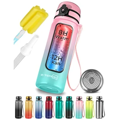 Afbeelding van Roestvrijstalen thermosfles Lekvrij met rietje of zeef 400 ml, 600 ml BPA vrij voor kleuterschool ,school (roze turquoise, ml)
